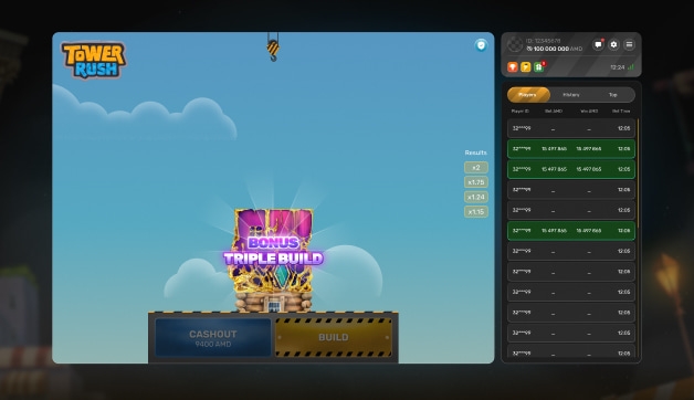 Interface du jeu Tower Rush avec aperçu des tours et des bonus